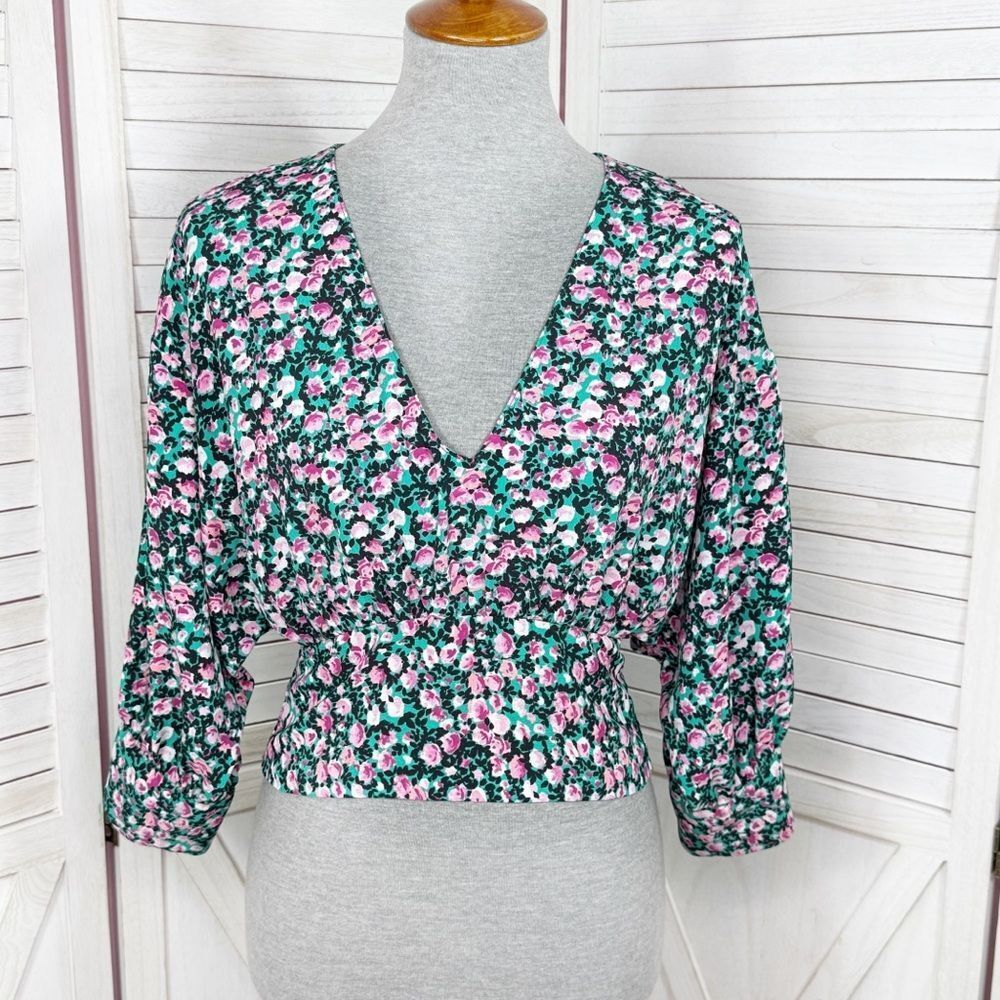 Zara Floral V-Neck Smocked Waist Crop Top Blouse Pink Green Medium